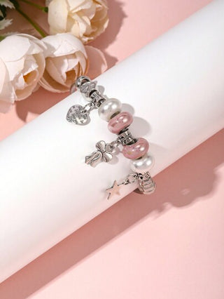 سوار من الفولاذ المقاوم للصدأ مع قلادة مزخرفة بشكل فراشة وقلب خزفي وردي ، إكسسوارات DIY للأصدقاء ، للحفلات أو المهرجانات أو عيد الحب