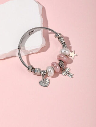 سوار من الفولاذ المقاوم للصدأ مع قلادة مزخرفة بشكل فراشة وقلب خزفي وردي ، إكسسوارات DIY للأصدقاء ، للحفلات أو المهرجانات أو عيد الحب