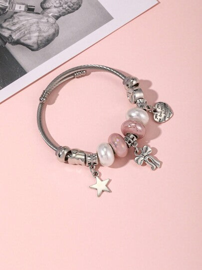 سوار من الفولاذ المقاوم للصدأ مع قلادة مزخرفة بشكل فراشة وقلب خزفي وردي ، إكسسوارات DIY للأصدقاء ، للحفلات أو المهرجانات أو عيد الحب