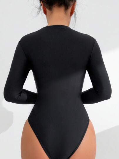 Swim Basics بدلة سباحة نسائية قطعة واحدة مع سحاب أمامي نصفي وأكمام طويلة للسباحة والعطلات والشاطئ الصيفي