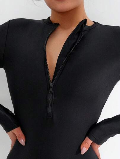 Swim Basics بدلة سباحة نسائية قطعة واحدة مع سحاب أمامي نصفي وأكمام طويلة للسباحة والعطلات والشاطئ الصيفي