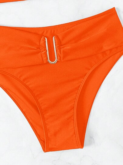 SHEIN Swim مجموعة بكيني قطعتين للنساء موديل ربيع/صيف 2026 ذو قاعدة برتقالية سميكة قابلة للتعديل، مزين بشكل حرف U ذهبي اللون، قطعة سفلية عالية القطع