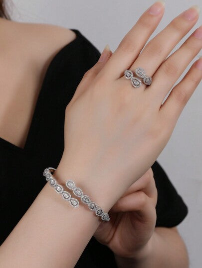 مجموعة سوار وخاتم عصرية ساحرة بحجر زيركونيا، مجموعة سوار وخاتم مفتوح بقطعتين،إكسسوارات فاخرة للإستخدام اليومي و التقديم كهدايارمضان