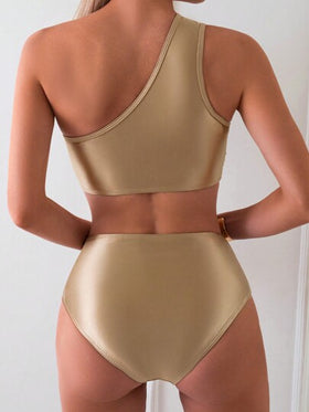 SHEIN Swim بكيني بياقة واحدة مكشكش بدون أكمام للنساء، طقم بكيني ملابس شاطئ ملابس سباحة بذلة سباحة موسيقى الصيف المهرجان الصيفي، شاطئ الصيف