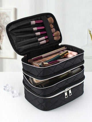 حقيبة تخزين مستحضرات التجميل ذات القسم الثلاثي الكبيرة والسعة الكبيرة للسفر ، مادة القماش الأسود متعددة الاستخدامات و عملية للاستخدام المنزلي و السفر، موضة اللون والأسلوب