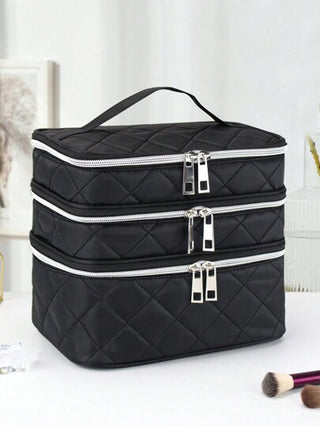 حقيبة تخزين مستحضرات التجميل ذات القسم الثلاثي الكبيرة والسعة الكبيرة للسفر ، مادة القماش الأسود متعددة الاستخدامات و عملية للاستخدام المنزلي و السفر، موضة اللون والأسلوب
