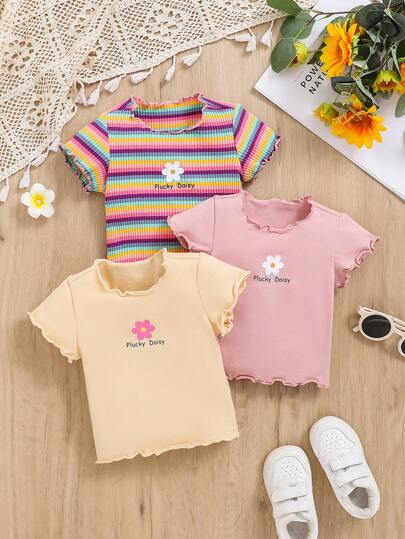 SHEIN ثلاث ملابس صيفية للرضيعة , قمم بأكمام قصيرة مخططة ومطبوع عليها زهور