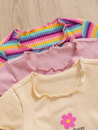 SHEIN ثلاث ملابس صيفية للرضيعة , قمم بأكمام قصيرة مخططة ومطبوع عليها زهور