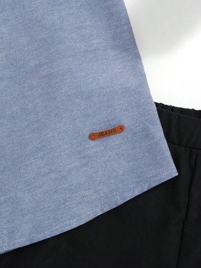 SHEIN بدلة قميص بياقة عالية وشورت أحادي الصدر لفتى المراهق ، أزياء صيفية