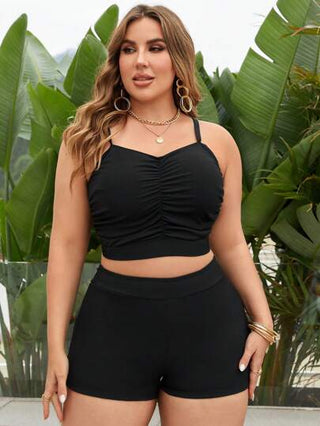 Swim Lushoire مجموعة تنكيني بحزام أشرطة رفيعة مجعد صلبة للشاطئ لفصل الصيف بمقاس زائد