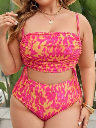 SHEIN Swim Curve مجموعة تانكيني بطبعة الجانب المطبوعة مع ربطة جانبية للنساء بمقاس زائد لصيف الشاطئ