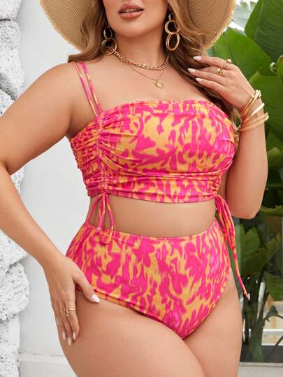 SHEIN Swim Curve مجموعة تانكيني بطبعة الجانب المطبوعة مع ربطة جانبية للنساء بمقاس زائد لصيف الشاطئ