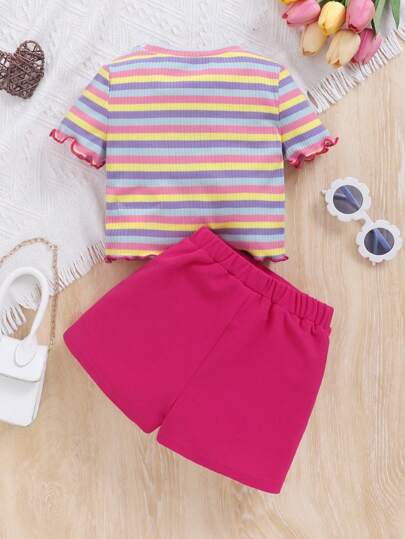girls-sets ملابس علوية قصير بأكمام مخطط لليوميات مع تنورة بطابع أنيق وجذاب للفتيات المراهقات