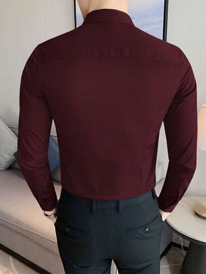 Manfinity Homme قميص موحدة اللون أزرار علوية للرجال
