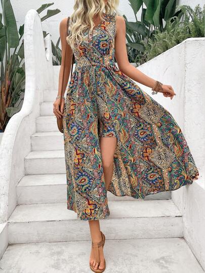 SHEIN LUNE رومبير نسائي بطبعة Paisley ورقبة V مطبوع على الطراز العطلة