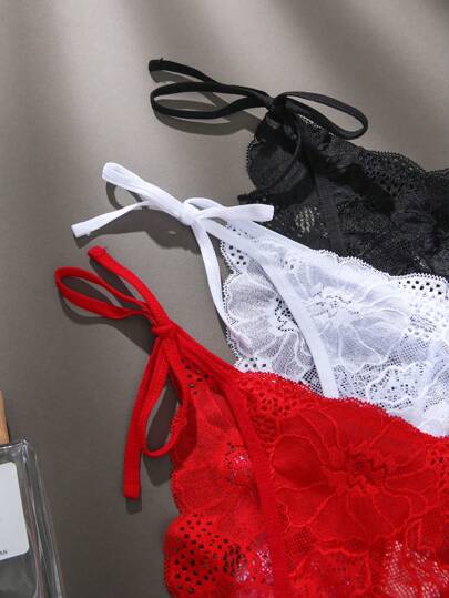 Shein Underwear&Sleepwear Basics ملابس داخلية قصيرة الجانب برباط وردي الدانتيل الزهري 3قطع