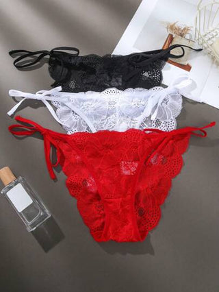 Shein Underwear&Sleepwear Basics ملابس داخلية قصيرة الجانب برباط وردي الدانتيل الزهري 3قطع