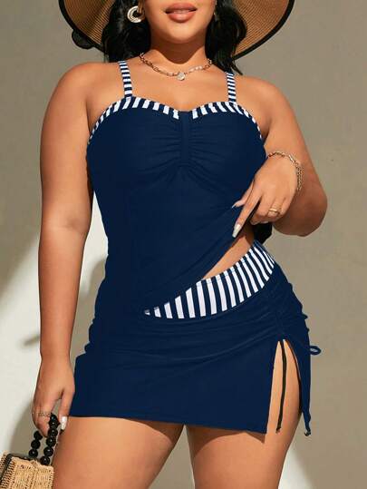 SHEIN Swim Curve مجموعة تانكيني للشاطئ في الصيف مناسبة للمقاسات الكبيرة بألوان متضاربة مع تجميلات مجمعة