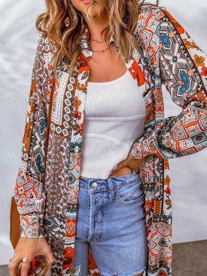 Astylish كيمونو طويل كارديجان نسائي مفتوح الأمام مزخرف بنقشة زهور، طراز بوهو شيك مريح، معطف صيفي للشاطئ