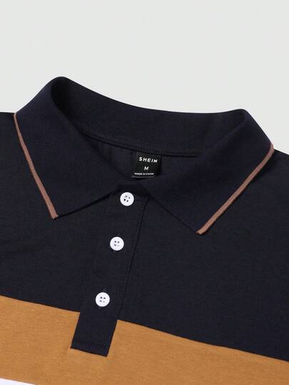 Manfinity Homme قميص بولو رجالي مع أزرار بتباين الألوان ، يتميز بياقة بلوك الألوان الجرافيكية للعمل والأزياء الأب والشاب