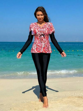 طقم تانكيني حريمي Swim Mulvari تانكيني نسائي طويل الأكمام مطبوع بالأزهار، مع كشكش أمامي وأوسط ومربوط