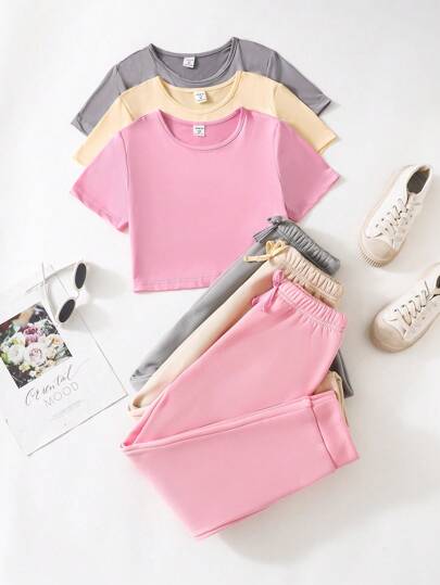 girls-sets Vintaside Kids تي شيرت تي شيرت بأكمام قصيرة وسروال رياضي عارضة للفتيات - 3 قطع، متعدد الألوان