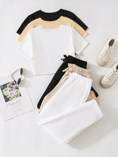 SHEIN Vintaside Kids مجموعة 3 قطع لفتاة في فترة البلوغ (توين) تتضمن تي شيرت رياضي بأكمام قصيرة وشورت بعدة ألوان