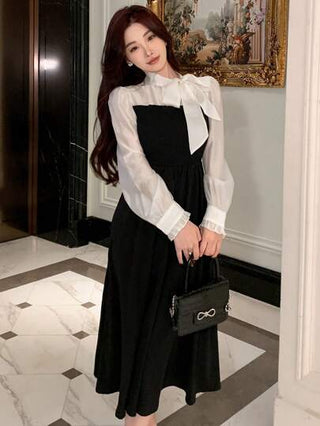 فساتين حريمي DAZY فستان متوسط الطول للنساء بربطة أمامية وياقة واقفة بنمط الكتلة اللونية