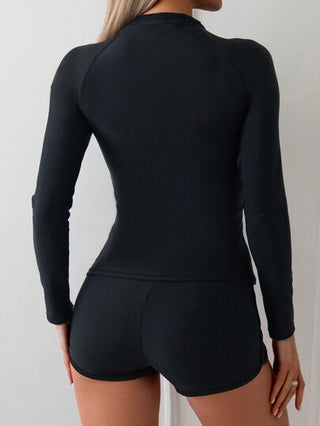 طقم تانكيني حريمي Swim Lushoire زي شاطئ صيفي بأكمام طويلة متواضع باللون الصلب وشورتات سباحة