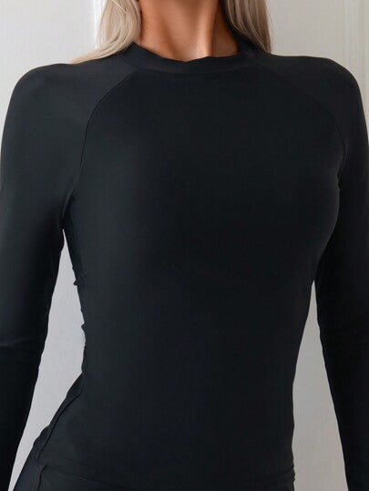 طقم تانكيني حريمي Swim Lushoire زي شاطئ صيفي بأكمام طويلة متواضع باللون الصلب وشورتات سباحة