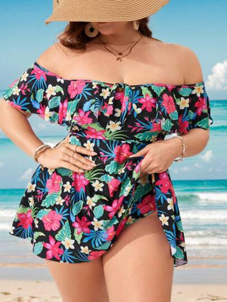 Swim Lushoire بيكيني كبير الحجم للنساء بأكمام منسدلة مع حاشية مزدوجة وطبعة زهور ، مجموعة بيكيني تانكيني للملابس الشاطئية الصيفية