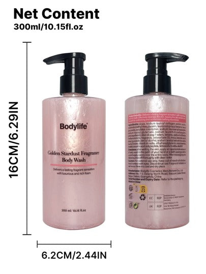 زجاجة عطر جل استحمام بنكهة نجوم ذهبية سعة 300 مل، رائحة دائمة، تنظيف عميق ومرطب، لطيف على البشرة، مناسب للاستخدام المنزلي أو السفر