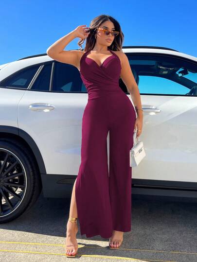 SHEIN SXY جمبسوت قصيرة بدون أكمام ومفتوحة من الظهر وتصميم الساق المفتوح مع حزام الخصر العصري والموضة للسيدات في الصيف