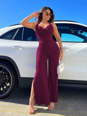 SHEIN SXY جمبسوت قصيرة بدون أكمام ومفتوحة من الظهر وتصميم الساق المفتوح مع حزام الخصر العصري والموضة للسيدات في الصيف