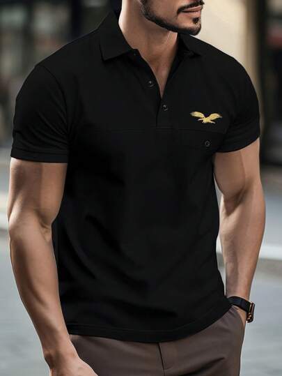 Manfinity Homme قميص بولو بأكمام قصيرة وتطريز نسر للرجال في الصيف