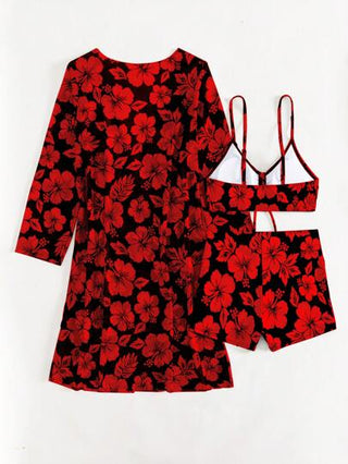 SHEIN Swim مجموعة بيكيني نسائية بربطة أمامية وربطة عنق مع طبعات زهور لموسم الصيف في الشاطئ