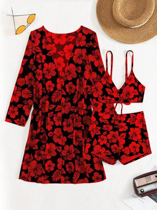 SHEIN Swim مجموعة بيكيني نسائية بربطة أمامية وربطة عنق مع طبعات زهور لموسم الصيف في الشاطئ