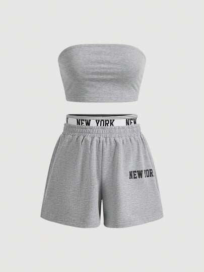 SHEIN EZwear مجموعة توب وشورت بدون حمالة محبوك من الحروف المطبوعة للنساء