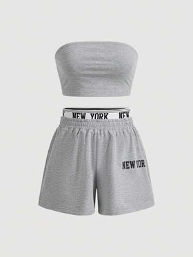 SHEIN EZwear مجموعة توب وشورت بدون حمالة محبوك من الحروف المطبوعة للنساء