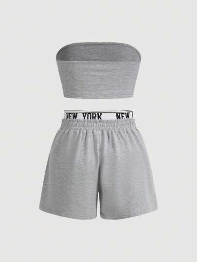 SHEIN EZwear مجموعة توب وشورت بدون حمالة محبوك من الحروف المطبوعة للنساء