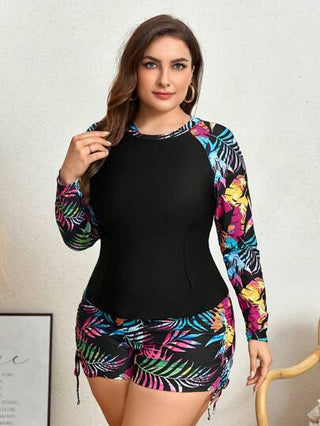 Swim Lushoire مجموعة تي شيرت و شورت راش قارد بأكمام طويلة و طبعات استوائية متباينة مقاس كبير للصيف في الشاطئ