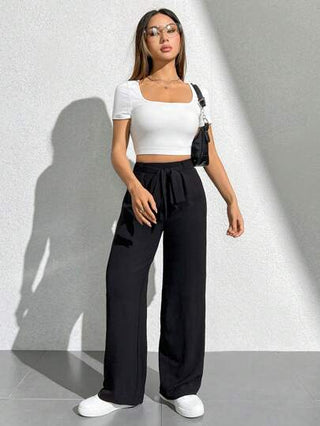 PETITE سروال بأرجل واسعة وخصر عالي وحزام بلون ثابت