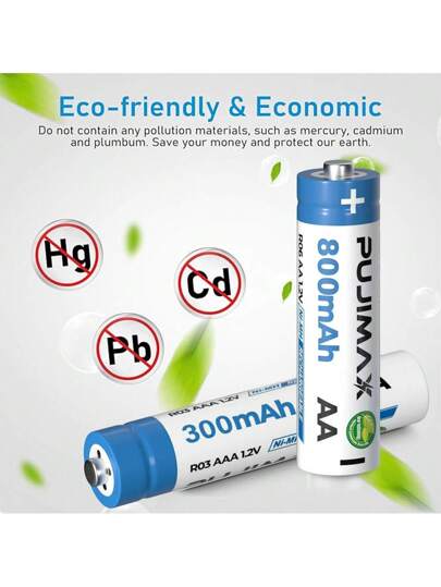 PUJIMAX 16 قطعة / 12 قطعة / 8 قطع / 4 قطع بطارية قابلة للشحن NI-MH 1.2 فولت 800 mAh من PUJIMAX، أداء عالي، استقرار الجهد لطائرة الدرون المحددة والمصباح والألعاب والراديو والتحكم عن بُعد والإنذار وجرس الباب والموقد (يتطلب شاحن بطارية NI-MH)