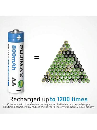 PUJIMAX 16 قطعة / 12 قطعة / 8 قطع / 4 قطع بطارية قابلة للشحن NI-MH 1.2 فولت 800 mAh من PUJIMAX، أداء عالي، استقرار الجهد لطائرة الدرون المحددة والمصباح والألعاب والراديو والتحكم عن بُعد والإنذار وجرس الباب والموقد (يتطلب شاحن بطارية NI-MH)