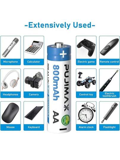 PUJIMAX 16 قطعة / 12 قطعة / 8 قطع / 4 قطع بطارية قابلة للشحن NI-MH 1.2 فولت 800 mAh من PUJIMAX، أداء عالي، استقرار الجهد لطائرة الدرون المحددة والمصباح والألعاب والراديو والتحكم عن بُعد والإنذار وجرس الباب والموقد (يتطلب شاحن بطارية NI-MH)