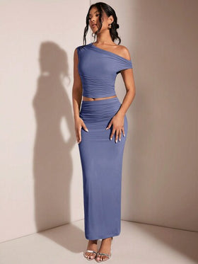 SHEIN BAE مجموعة تنورة متناسقة لونها للنساء، بتصميم عنق وخصر غير متناسق وملتصقة بالجسم