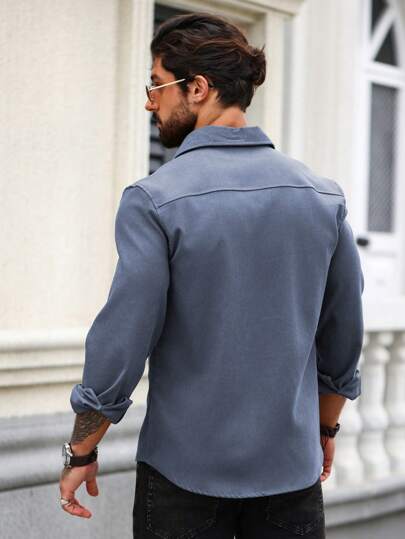 Manfinity Homme قميص رجالي كاجوال بأكمام طويلة وياقة زر للربيع، قمصان رجالية كاجوال بأكمام طويلة، قميص رجالي كاجوال للأعمال، للخريف والشتاء
