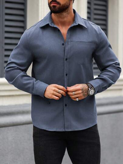 Manfinity Homme قميص رجالي كاجوال بأكمام طويلة وياقة زر للربيع، قمصان رجالية كاجوال بأكمام طويلة، قميص رجالي كاجوال للأعمال، للخريف والشتاء