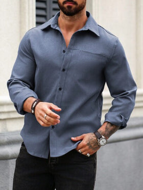 Manfinity Homme قميص رجالي كاجوال بأكمام طويلة وياقة زر للربيع، قمصان رجالية كاجوال بأكمام طويلة، قميص رجالي كاجوال للأعمال، للخريف والشتاء