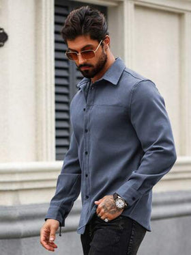 Manfinity Homme قميص رجالي كاجوال بأكمام طويلة وياقة زر للربيع، قمصان رجالية كاجوال بأكمام طويلة، قميص رجالي كاجوال للأعمال، للخريف والشتاء